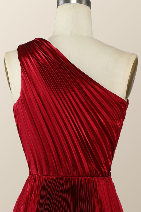 Pleated One Shoulder Red Hi-Low Bridesmaid Dress