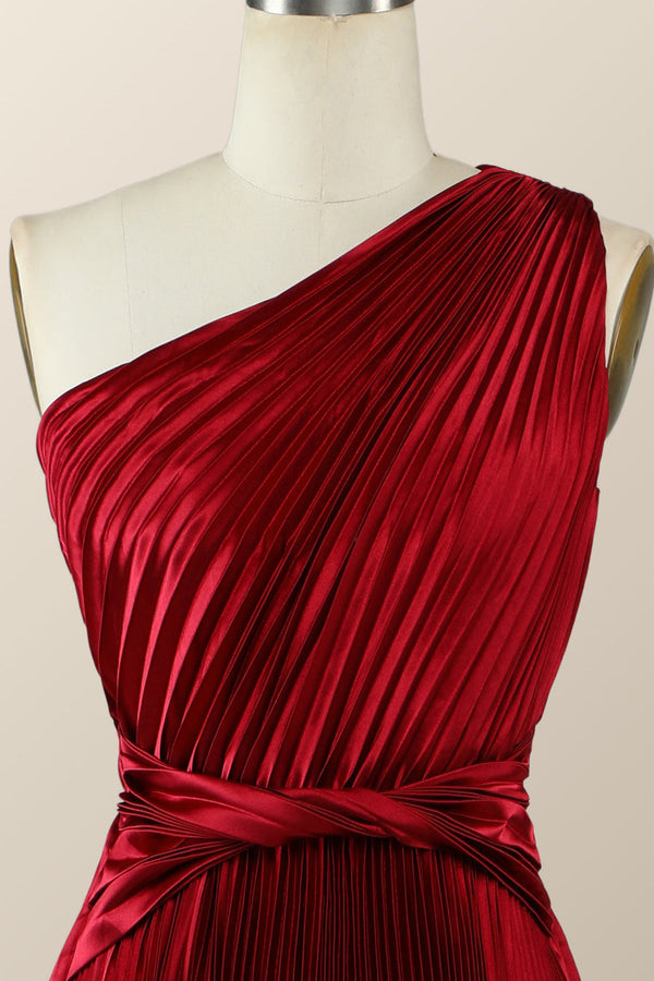 Pleated One Shoulder Red Hi-Low Bridesmaid Dress