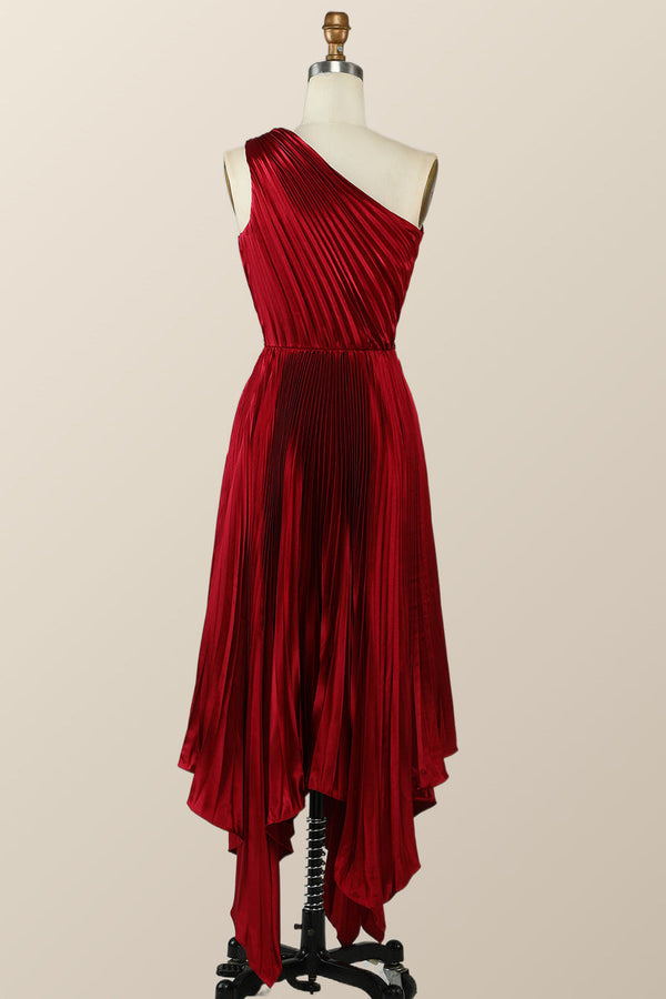 Pleated One Shoulder Red Hi-Low Bridesmaid Dress