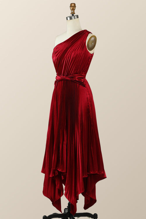 Pleated One Shoulder Red Hi-Low Bridesmaid Dress