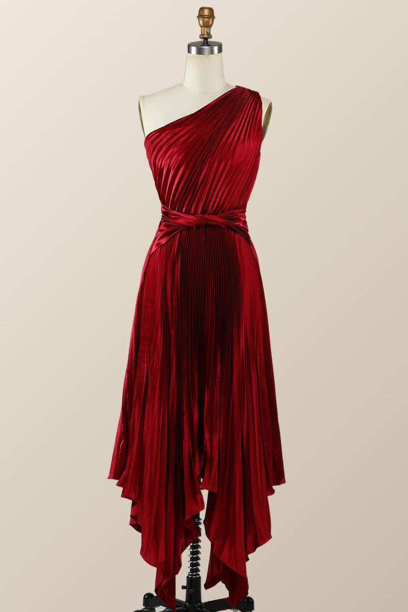 Pleated One Shoulder Red Hi-Low Bridesmaid Dress