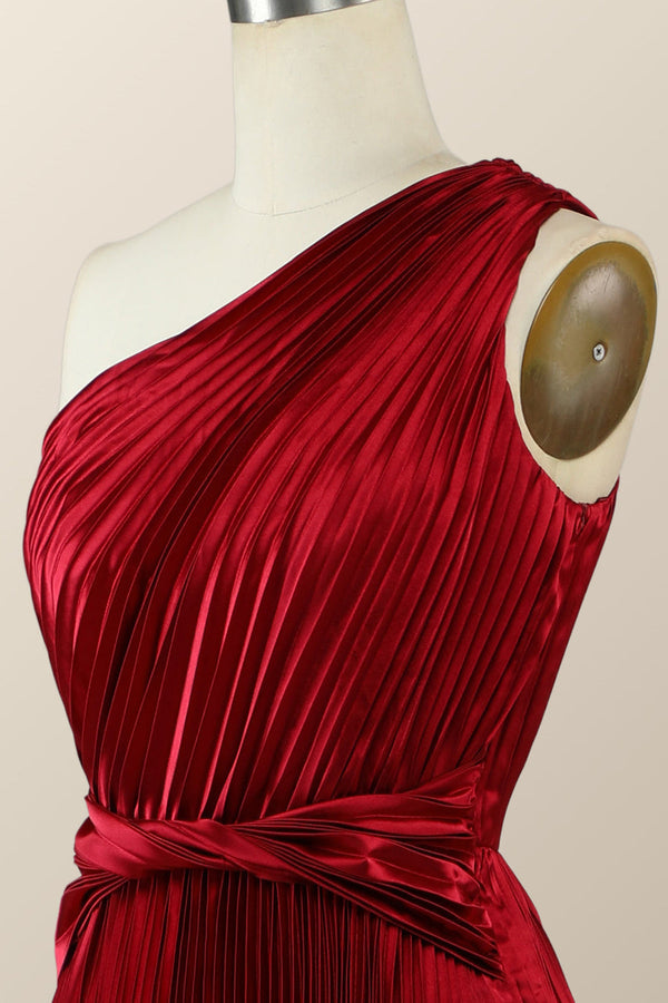Pleated One Shoulder Red Hi-Low Bridesmaid Dress