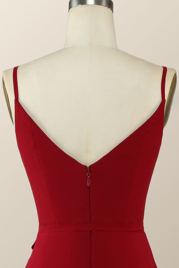 V-Neck Red Wrap Ruffle Long Bridesmaid Dress