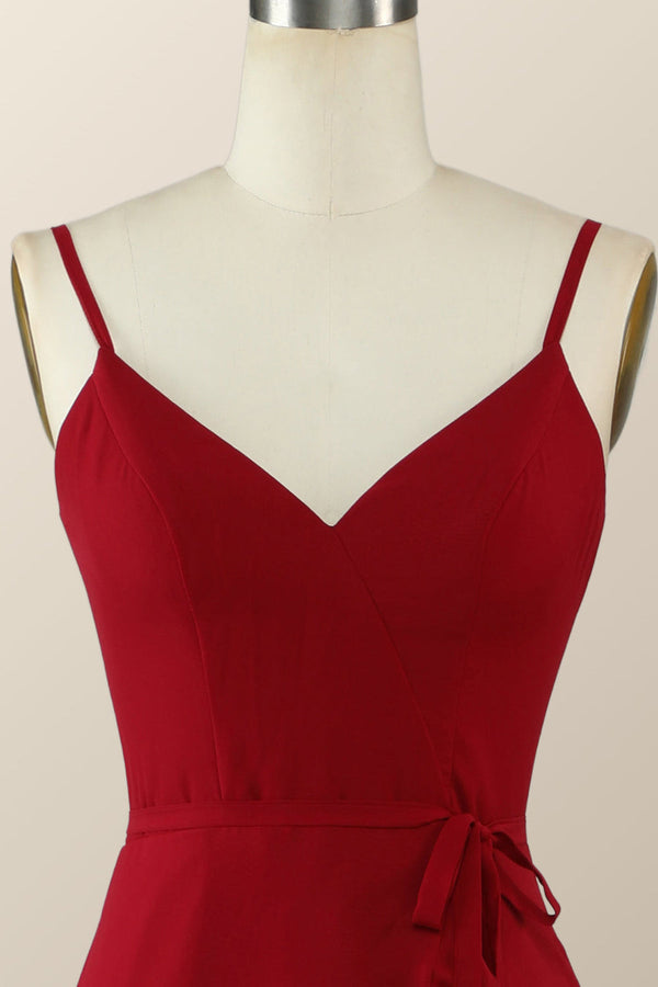 V-Neck Red Wrap Ruffle Long Bridesmaid Dress