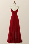 V-Neck Red Wrap Ruffle Long Bridesmaid Dress