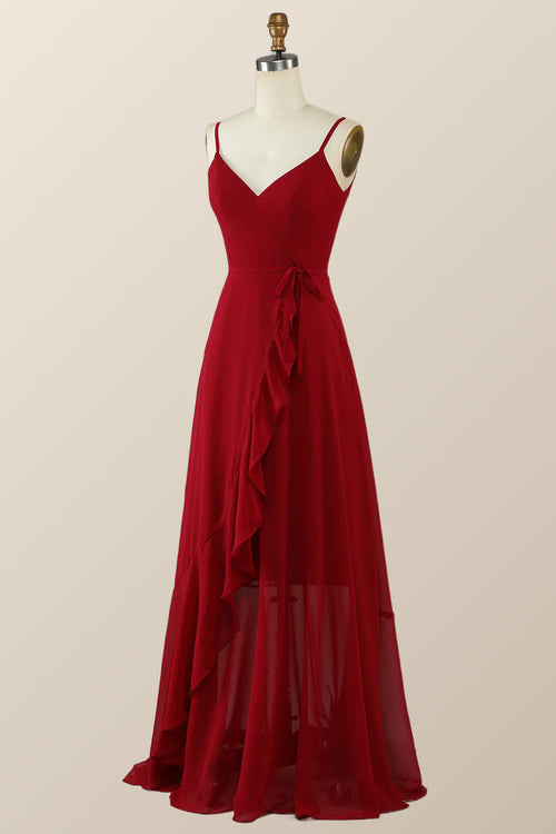 V-Neck Red Wrap Ruffle Long Bridesmaid Dress