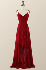 V-Neck Red Wrap Ruffle Long Bridesmaid Dress