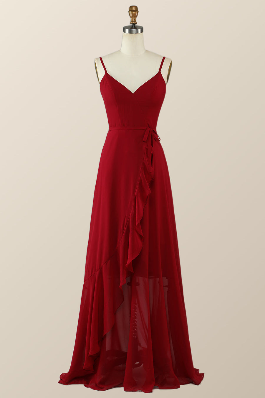 V-Neck Red Wrap Ruffle Long Bridesmaid Dress – FancyVestido