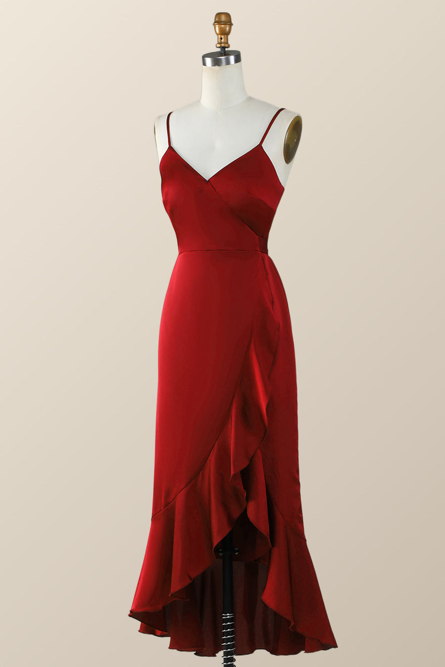 Straps Red Ruffle Hi-Low Long Bridesmaid Dress