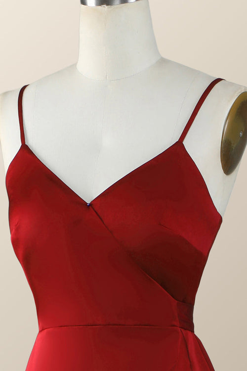Straps Red Ruffle Hi-Low Long Bridesmaid Dress