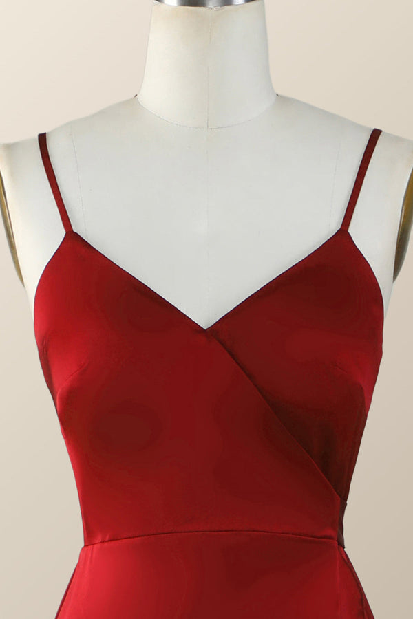 Straps Red Ruffle Hi-Low Long Bridesmaid Dress