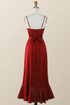 Straps Red Ruffle Hi-Low Long Bridesmaid Dress