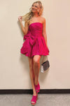Strapless Hot Pink Pleated A-Line Party Dress with Bow