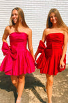 Strapless Hot Pink Pleated A-Line Party Dress with Bow