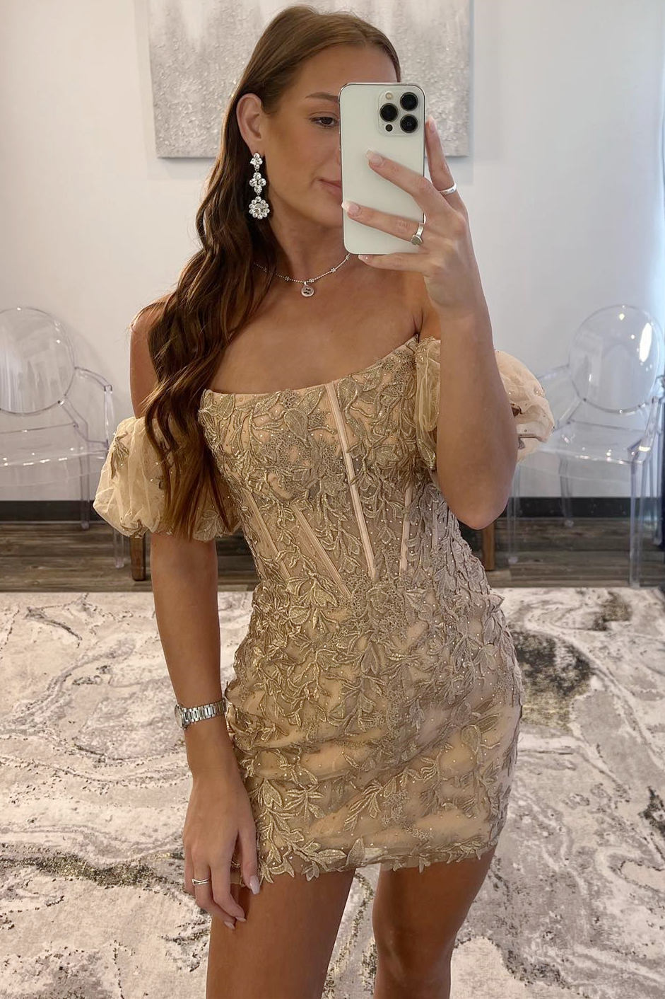 Strapless Gold Balloon Sleeves Bodycon Homecoming Dress with Appliques FancyVestido Strapless Gold Balloon Sleeves Bodycon Homecoming Dress with Appliques FancyVestido