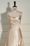 Cowl Neck Champagne A-Line Long Bridesmaid Dress with Slit