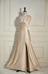 Cowl Neck Champagne A-Line Long Bridesmaid Dress with Slit