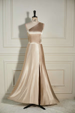 A-Line One Shoulder Champagne Slit Long Bridesmaid Dress