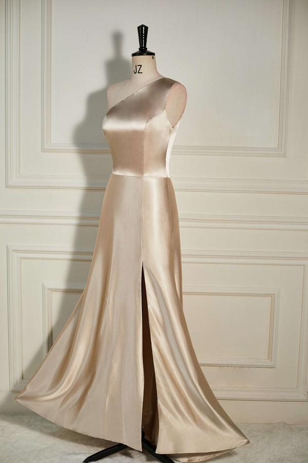 A-Line One Shoulder Champagne Slit Long Bridesmaid Dress