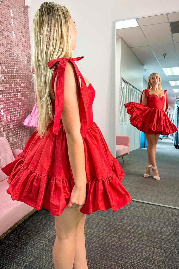 Cute Tie Straps Hot Pink Ruffle Short Homecoming Dress