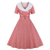 Red Plaid V-Neck 1950s Dress With Short Sleeves