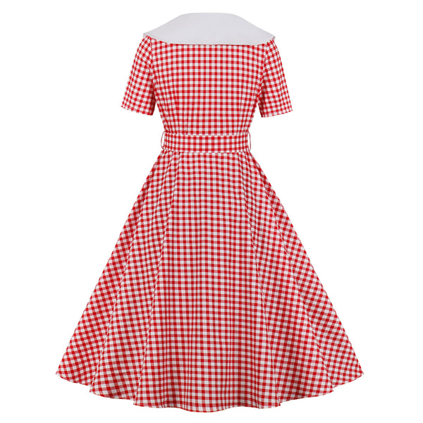 Red Plaid V-Neck 1950s Dress With Short Sleeves
