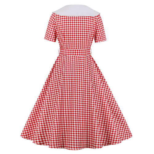 Red Plaid V-Neck 1950s Dress With Short Sleeves