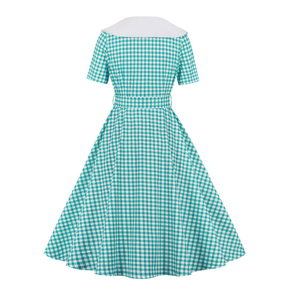Red Plaid V-Neck 1950s Dress With Short Sleeves