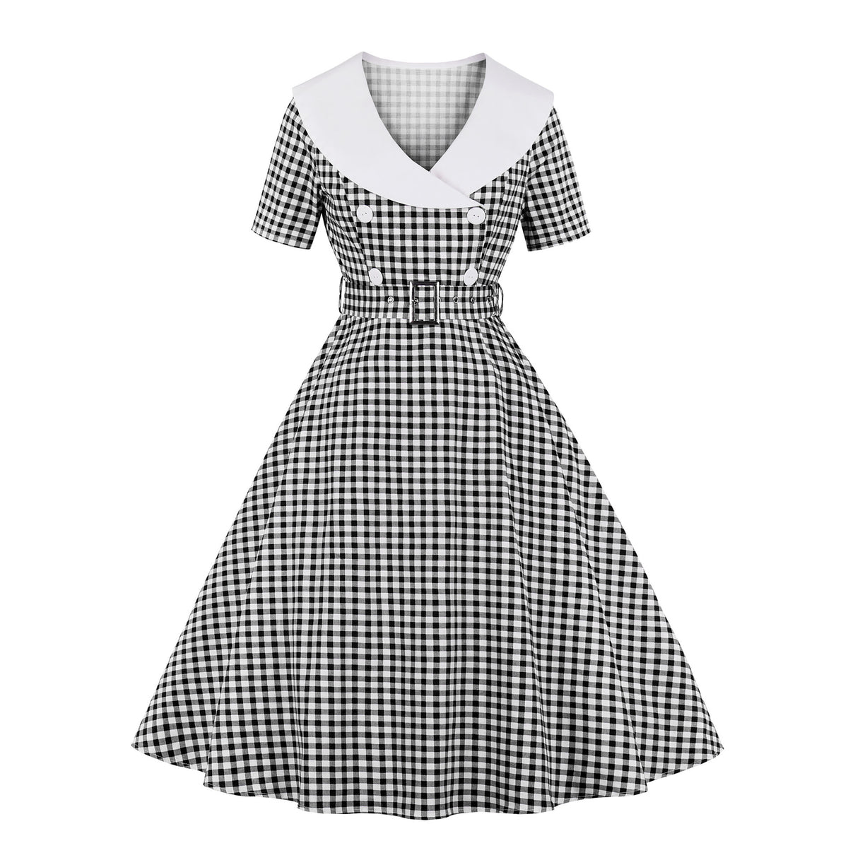 Red Plaid V-Neck 1950s Dress With Short Sleeves