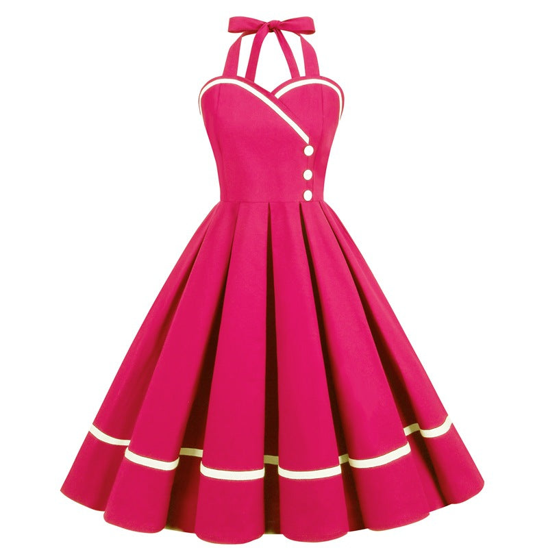 A-Line Hot Pink Halter 1950s Dress FancyVestido A-Line Hot Pink Halter 1950s Dress FancyVestido