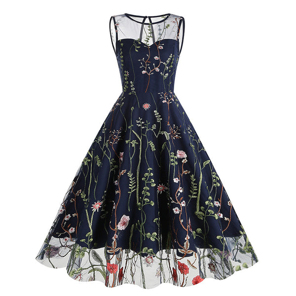 Crew Neck Black 1950s Dress with Embroidery