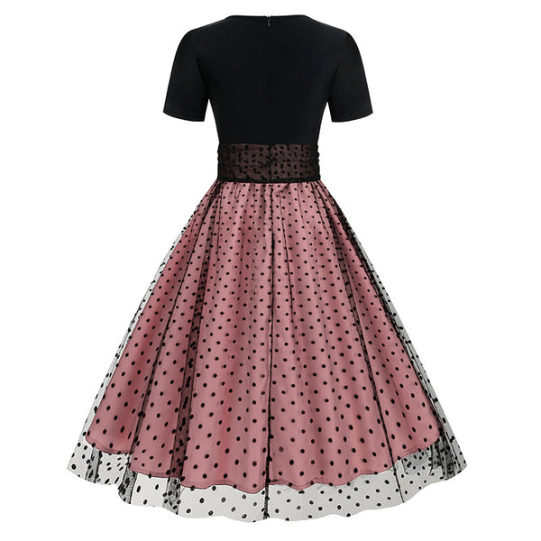 Crew Neck Polka Dot 1950s Dress with Short Sleeves