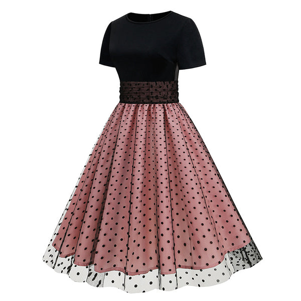 Crew Neck Polka Dot 1950s Dress with Short Sleeves