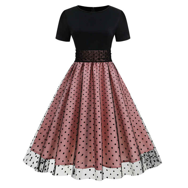 Crew Neck Polka Dot 1950s Dress with Short Sleeves