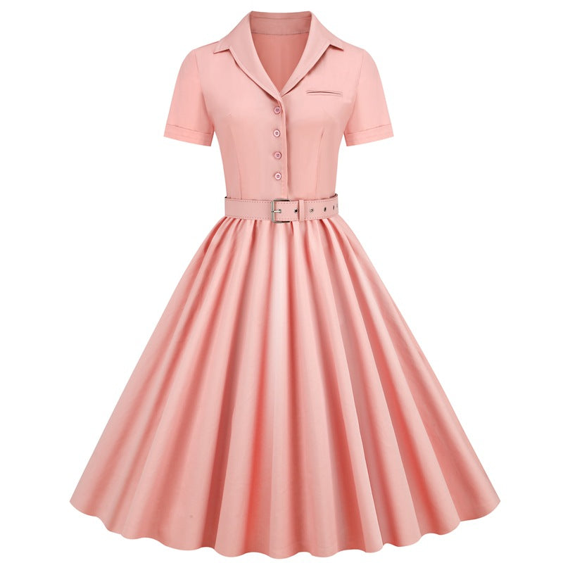 Hepburn Style Blush Pink Vintage Dress with Short Sleeves