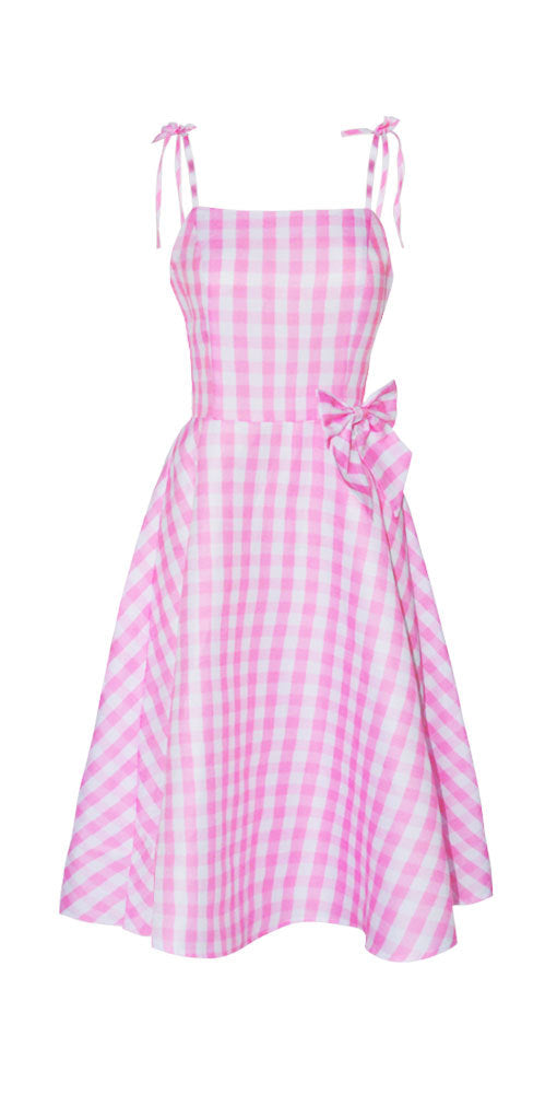 Tie Shoulder Plaid Pink 1950s Dress with Bow