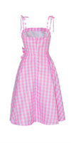 Tie Shoulder Plaid Pink 1950s Dress with Bow