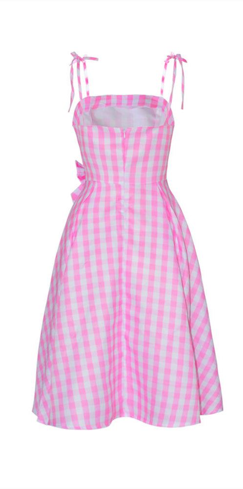 Tie Shoulder Plaid Pink 1950s Dress with Bow