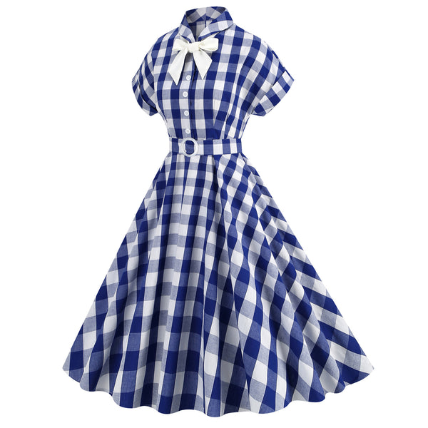 Vintage Pink Plaid Short Sleeves Party Dress With Bowknot