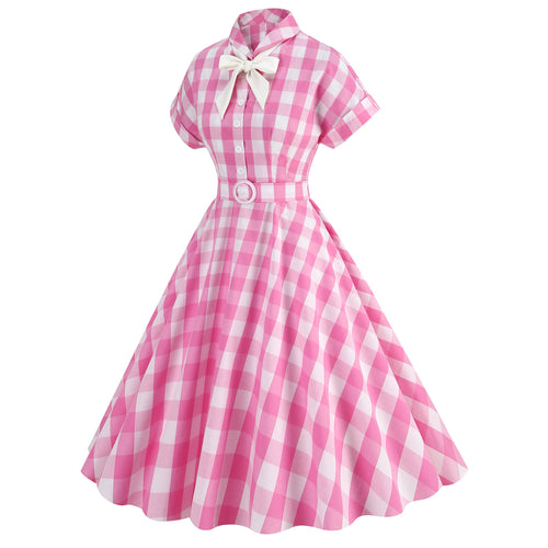 Vintage Pink Plaid Short Sleeves Party Dress With Bowknot