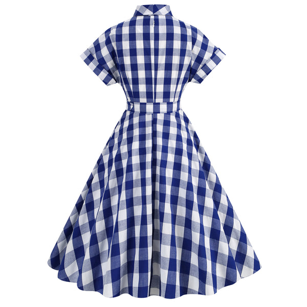 Vintage Pink Plaid Short Sleeves Party Dress With Bowknot