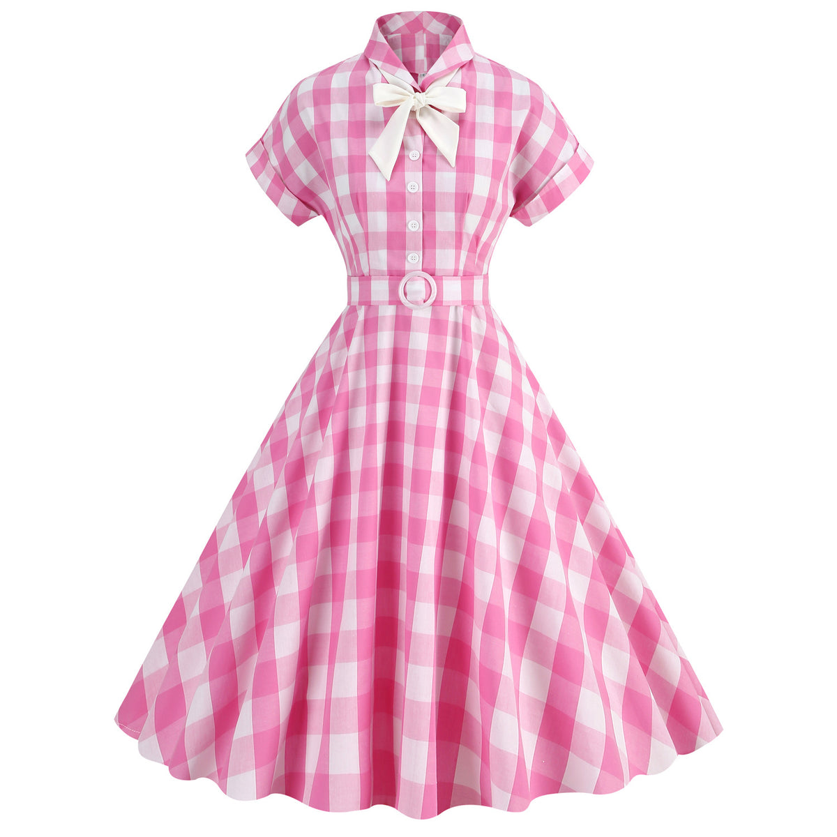 Vintage Pink Plaid Short Sleeves Party Dress With Bowknot