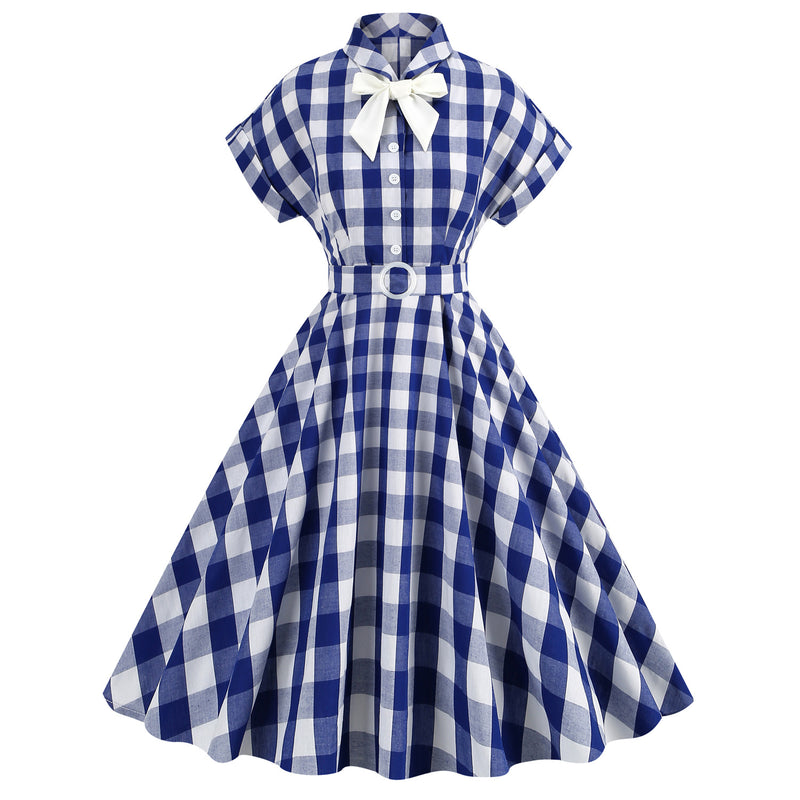 Vintage Pink Plaid Short Sleeves Party Dress With Bowknot