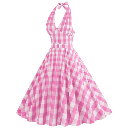 Halter Pink Plaid 1950s Dress With Belt