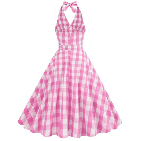 Halter Pink Plaid 1950s Dress With Belt