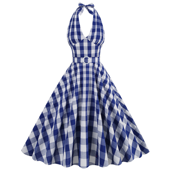 Halter Pink Plaid 1950s Dress With Belt