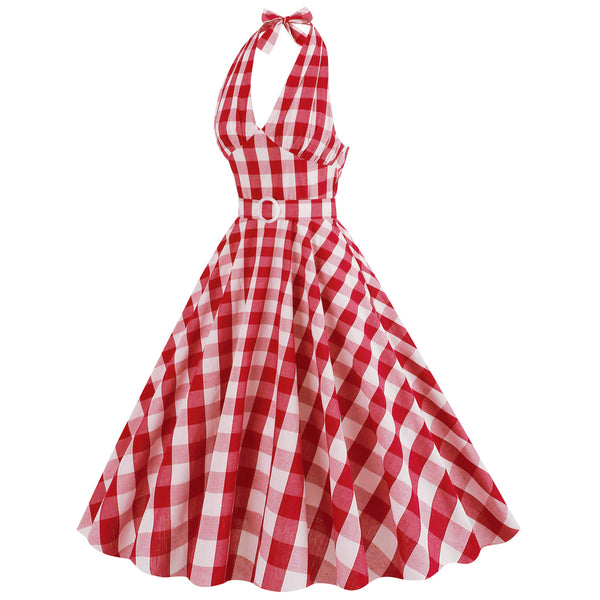 Halter Pink Plaid 1950s Dress With Belt