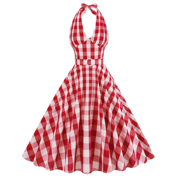 Halter Pink Plaid 1950s Dress With Belt