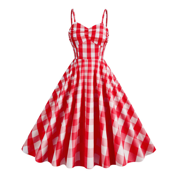 Straps Pink Plaid A-Line Vintage Party Dress