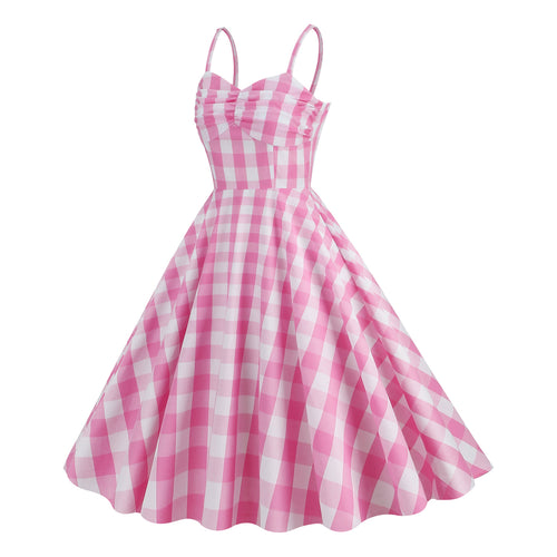 Straps Pink Plaid A-Line Vintage Party Dress